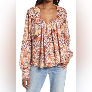 Free People SAGE FLORAL PRINT U-NECK TOP IN AMBER COMBO size Small